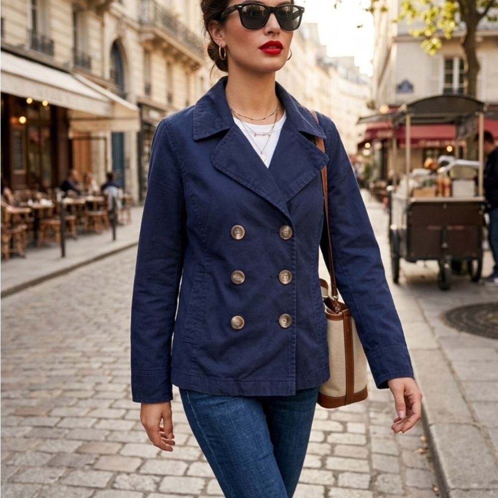 Cotton Long Sleeve Lightweight Peacoat size Large Navy Blue Front Button Closure